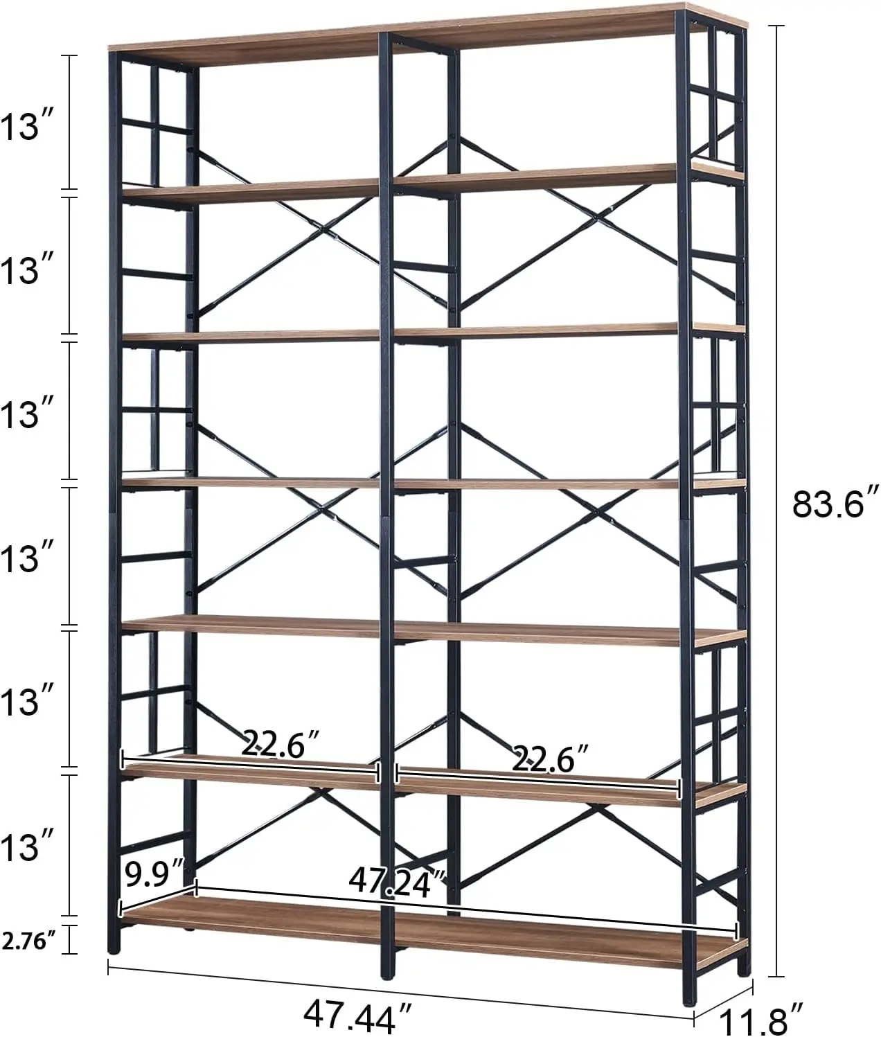 Bookshelf, Industrial Double Wide 7-Tier Bookshelves, 84" Tall Bookcase with Open Shelves, Heavy Duty Bookcases with Storage