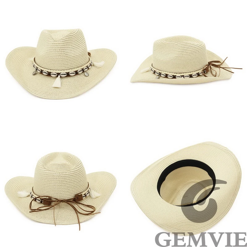 Sun Hat Sun Protection Hat GEMVIE Shell Tassels Cowgirl Summer Hat Straw Hat for Women Men Western Cowboy Lady Trendy Woven Sun Beach Cap