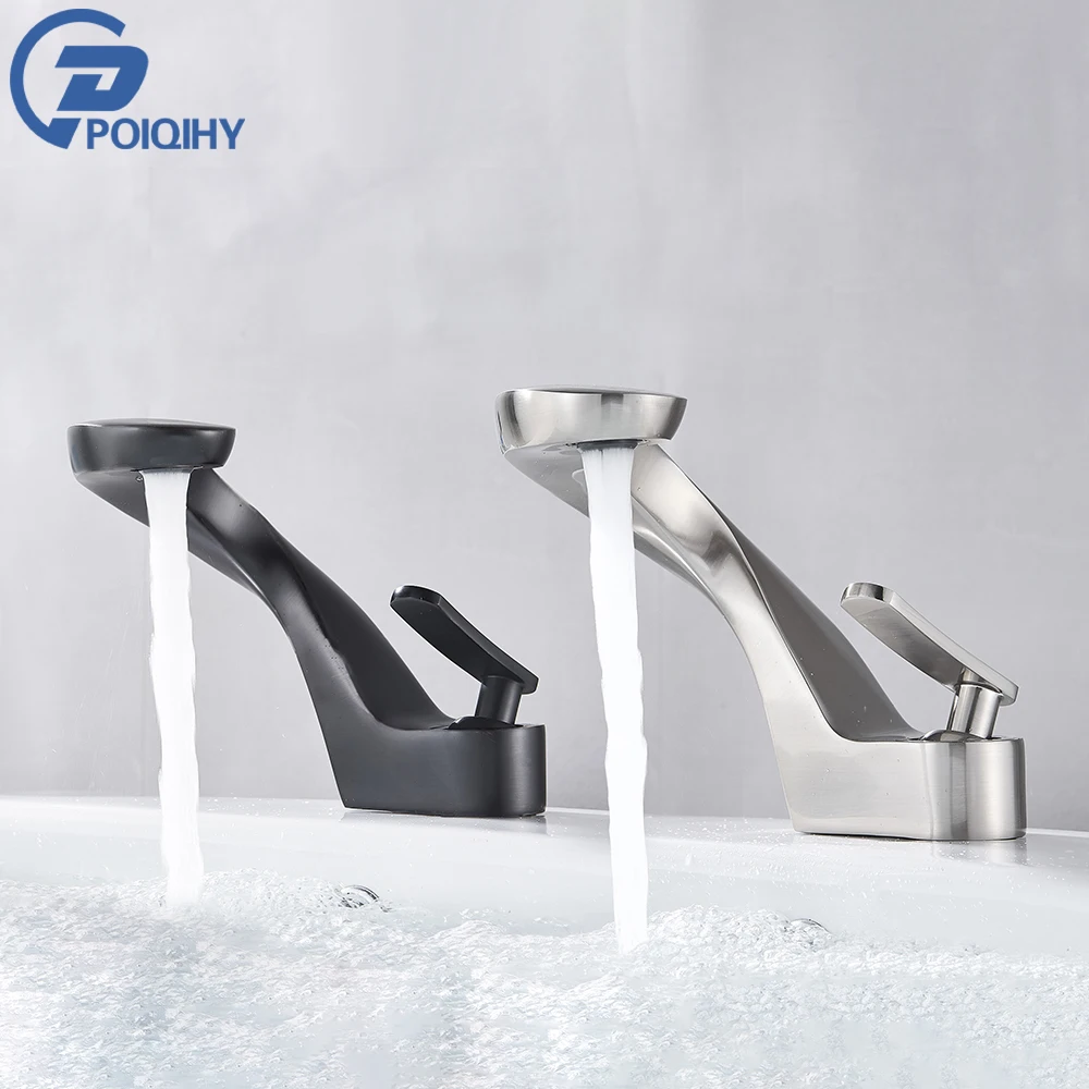 ก๊อกน้ำอ่างล้างหน้าแบบติดตั้งบนเคาน์เตอร์ สีดำด้าน ทำจากทองเหลือง แบบก้านโยกเดี่ยว สำหรับอ่างล้างหน้าในห้องน้ำ  แบบนิกเกิลขัดเงา น้ำร้อนน้ำเย็น 1