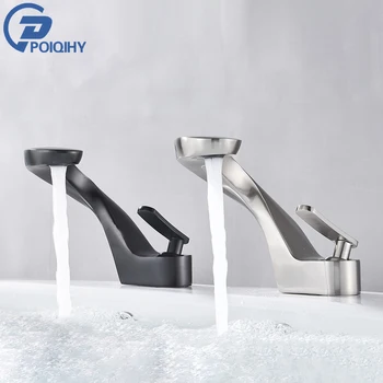 ก๊อกน้ำอ่างล้างหน้าแบบติดตั้งบนเคาน์เตอร์ สีดำด้าน ทำจากทองเหลือง แบบก้านโยกเดี่ยว สำหรับอ่างล้างหน้าในห้องน้ำ  แบบนิกเกิลขัดเงา น้ำร้อนน้ำเย็น 1