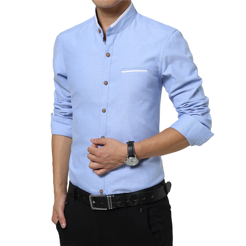 Men Casual Shirts Long Sleeve Mandarin Collar Slim Fit Men Korean Business