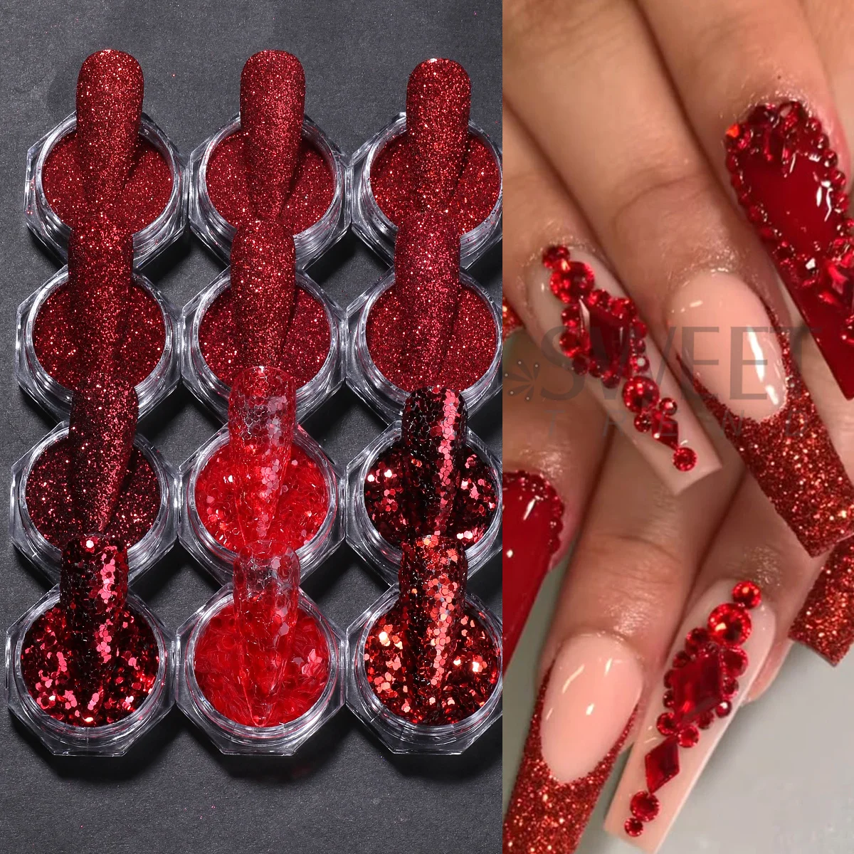 12pcs Reflective Red Nail Glitter Sequins New Year Style Hexagon Slices Spangles Happy Festive Valentine's Manicure Paillettes