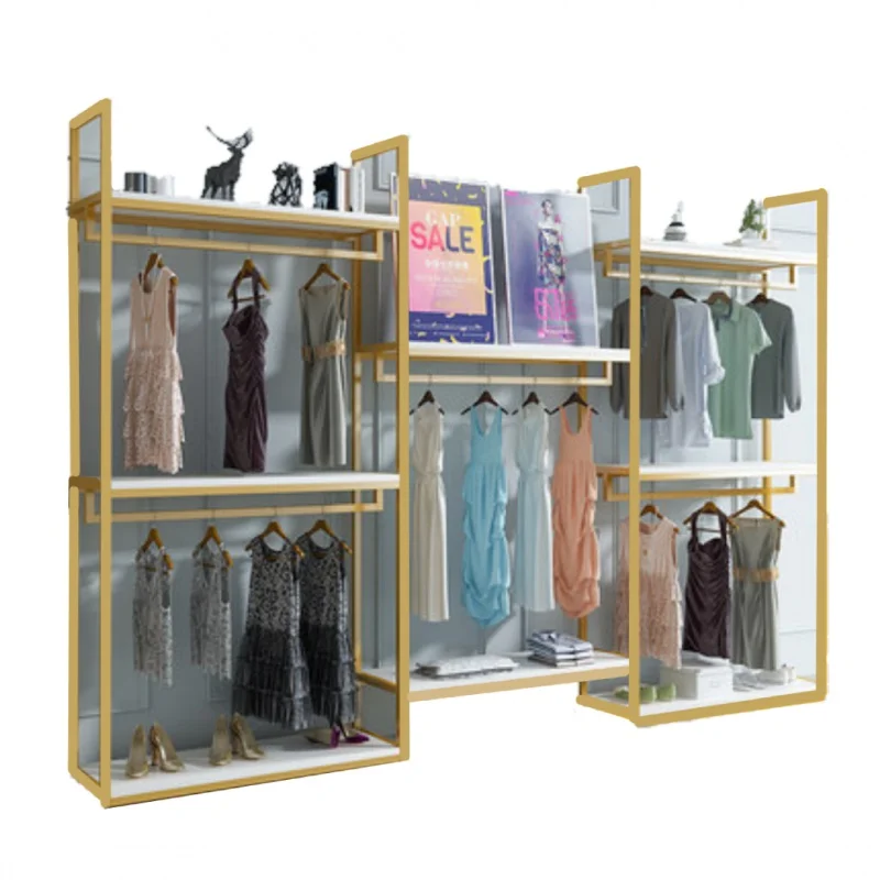 Custom , Clothing store girls skirt clothing wall display shelf fashion boutique retail men's clothing display rack 2022 wooden hanging storage 24 33 41 49cm copper nails hanging wall for earrings jewelry display stud necklace shelf rack props