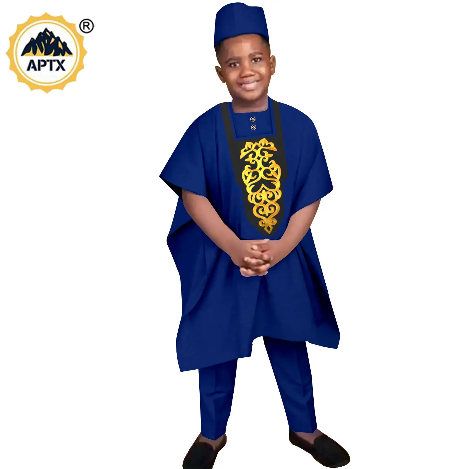 African Clothes Boy Abaya Outfits 4 Pieces Suits Bazin Riche Short Sleeve Robe Sets Dashiki Children Traditional Outwear Y234020