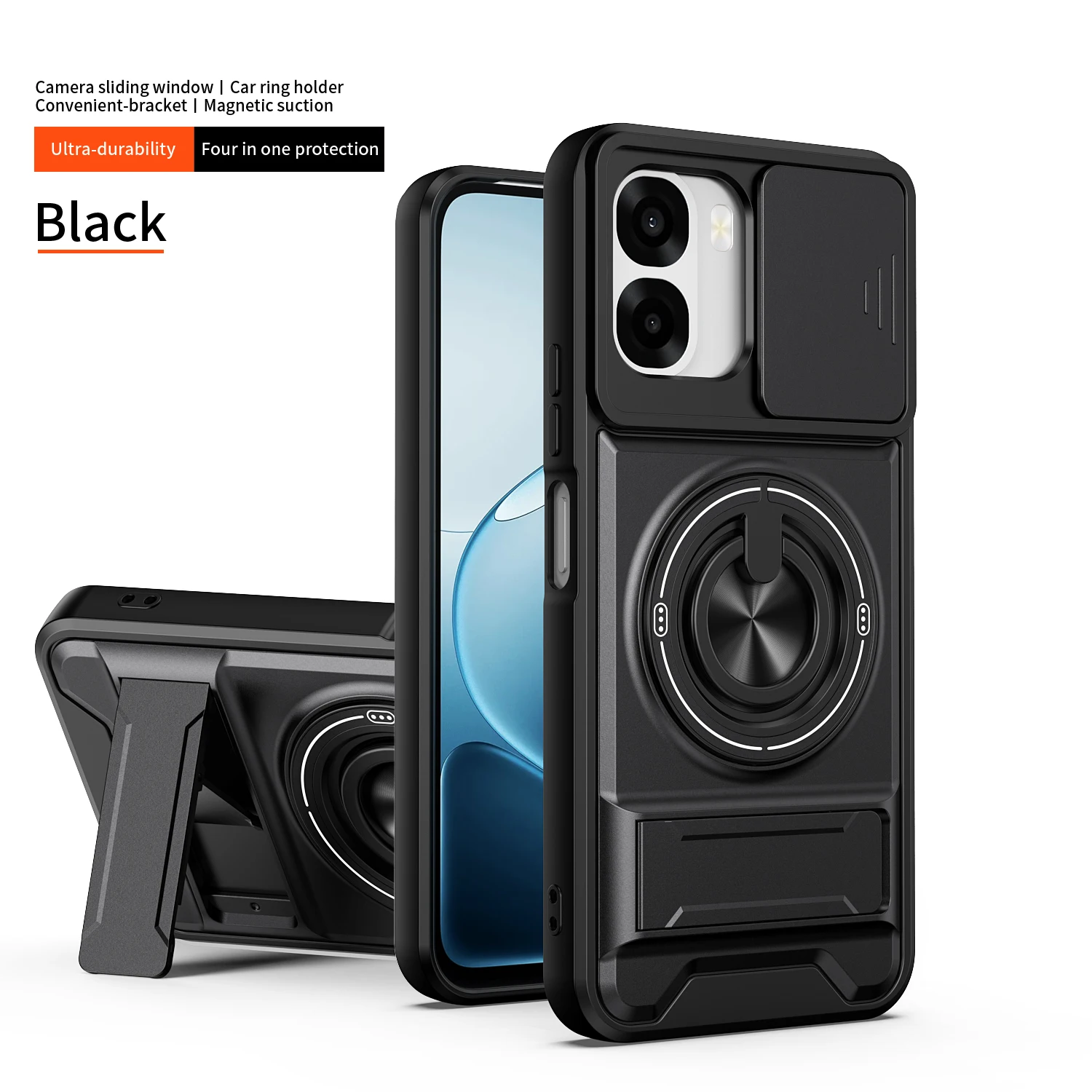 Enhanced Armor Phone Case with Lens Protection and Magnetic Ring Stand Holder