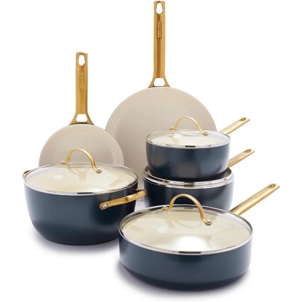 Reserve Hard Anodized Healthy Ceramic Nonstick 10 Piece Cookware Pots and Pans Set, Gold Handle, PFAS-Free, Dishwasher Safe