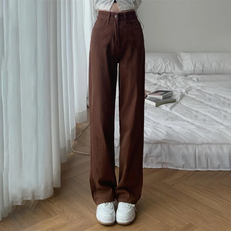 Summer Women Brown Jeans High Waist Loose Straight Wide Leg Denim Female Y2k Casual Streetwear Vintage Baggy Trouser 1