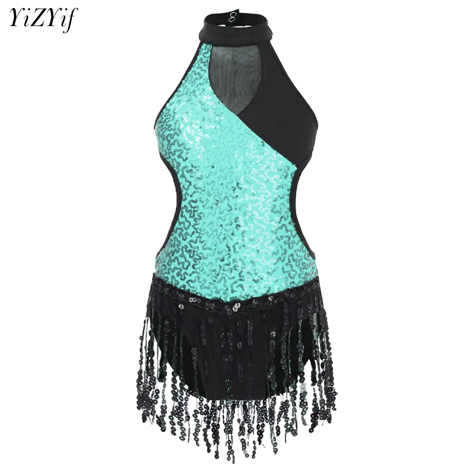 

Kids Girls Leotard Latin Dance Performance Costume Sleeveless Sparkly Sequin Fringed Skirted Patchwork Cutout Bodysuit Dancewear