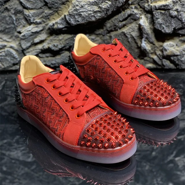 Luxury Designer Blue Leather Red Bottoms Rivets Low Tops Shoes For Men's  Casual Flats Loafers Women's Breathable Spikes Sneakers