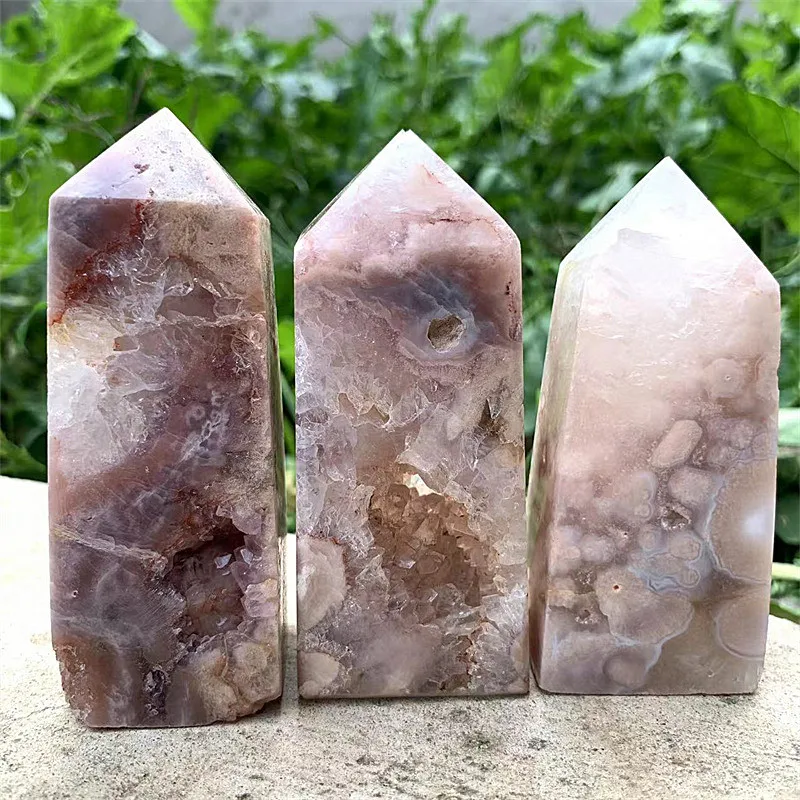 Natural crystals wand point gemstone cherry blossom agate quadrangle tower for decoration