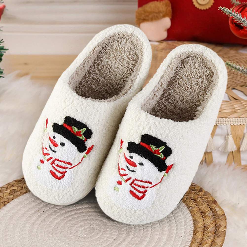 Cute Christmas Printed Plush Slippers Non-Slip Closed Toe Bedroom Cozy Slipper Soft Fluffy Thickened Slippers Winter Home Shoes