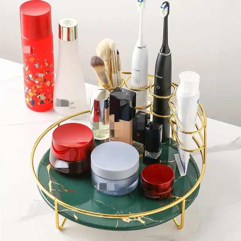 

Bathroom Accessories Finishing Rack Bathroom Shelf Dressing Table Cosmetic Round Storage Rack Metal Marbling Storage Tray