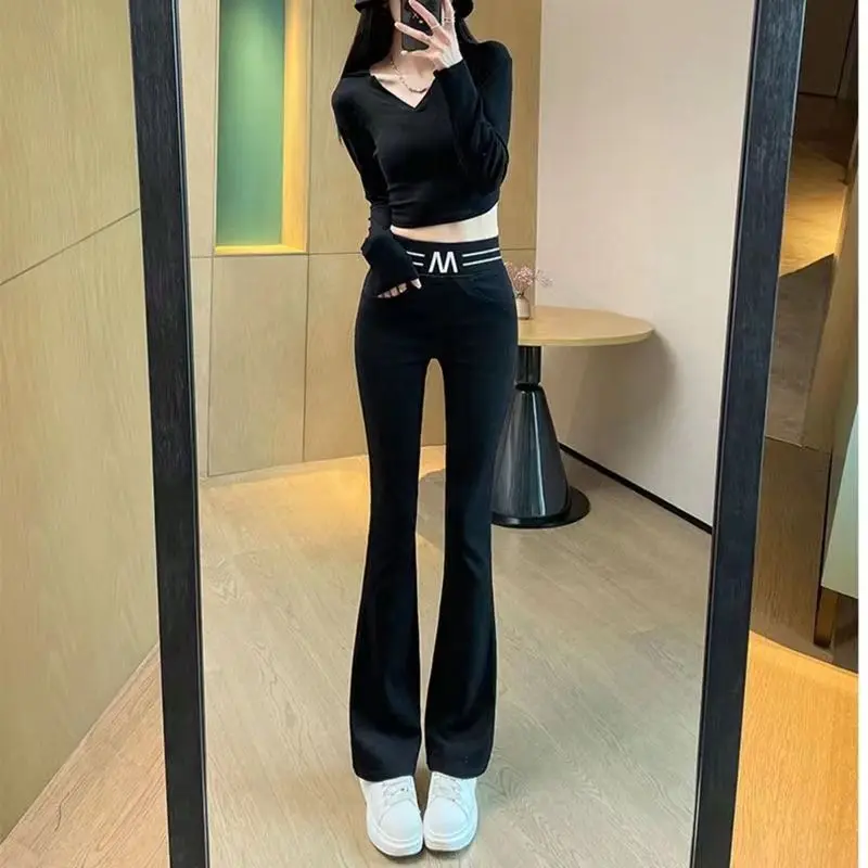 Summer New Korean Fashion Simple Flare Pans Women Solid Elastic High Waist Patchwork Pockets Slim Versatile Straight Trousers