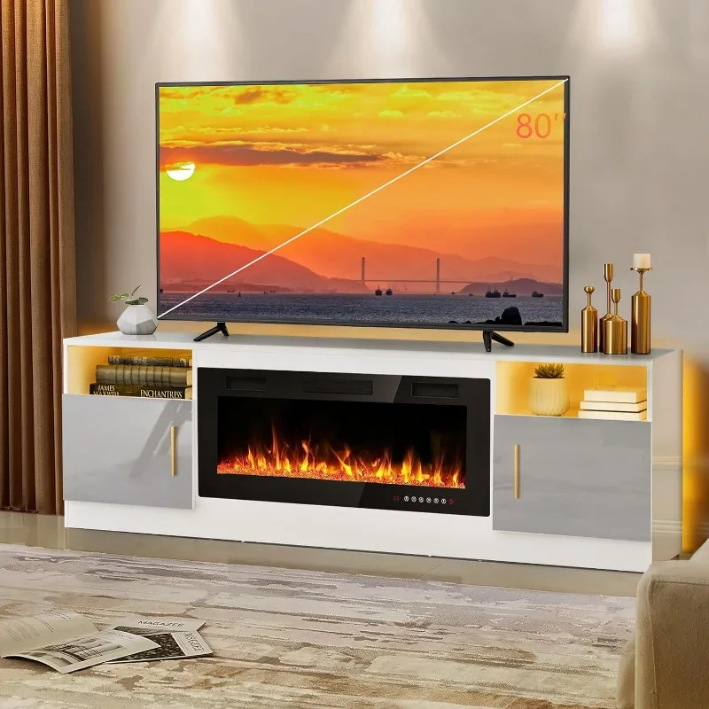 

Fireplace tv Stand with 36 inch Fireplace Up to 80" TVs,LED Light Entertainment Center and Storage, 70" Modern Wood Media TV