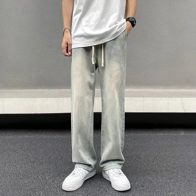 American Vintage Summer Thin Loose Straight Versatile Trendy Street Jeans Men Elastic Waist Drawstring Pockets Wide Leg Pants