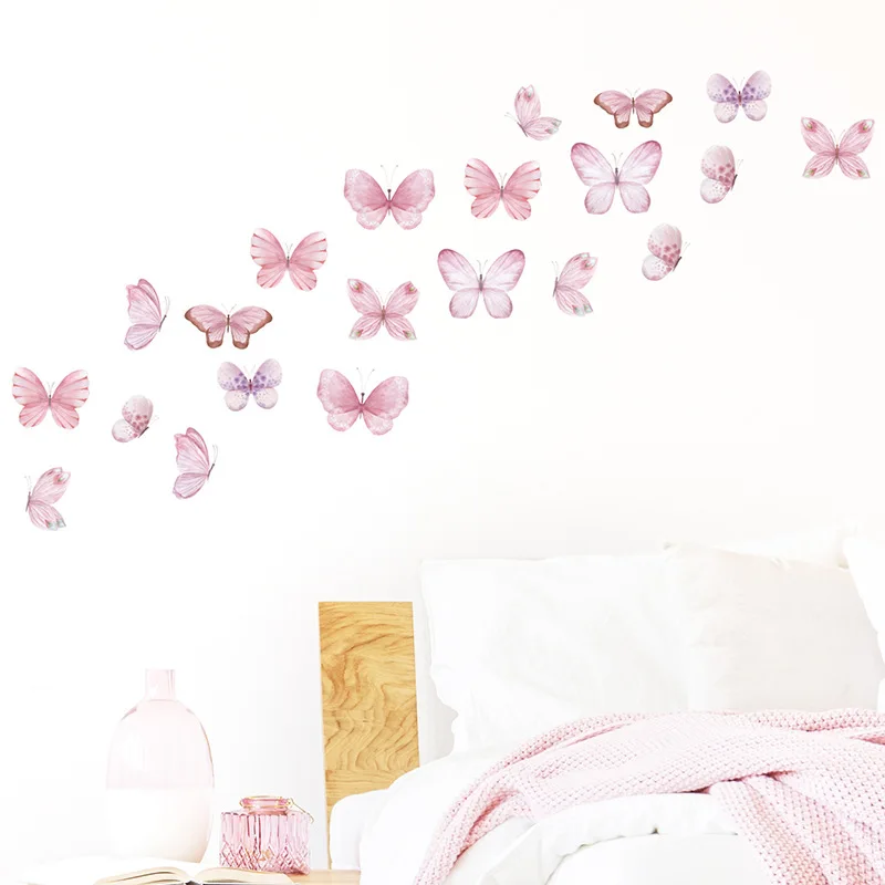 Pink Butterfly Self-Adhesive Wall Stickers - Aesthetic Girl's Room Decor, 22.5x30cm 3pcs Set for Bedroom & Kindergarten