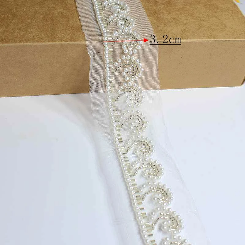 Pearl Trim Beaded Lace White Mesh Embroidery Beading Trim Ribbon Strip Lace Garment Sewing Accessories