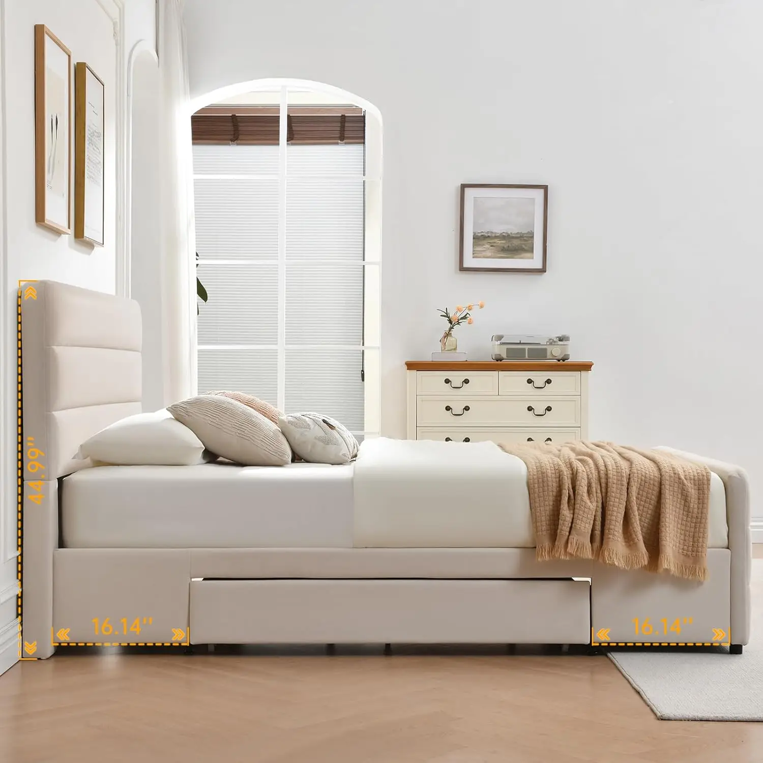 Queen Size Upholstered Platform Bed with Tall Headboard and Footboard, 2 Side Storage Drawers, Modern Beige Fabric Bed Frame