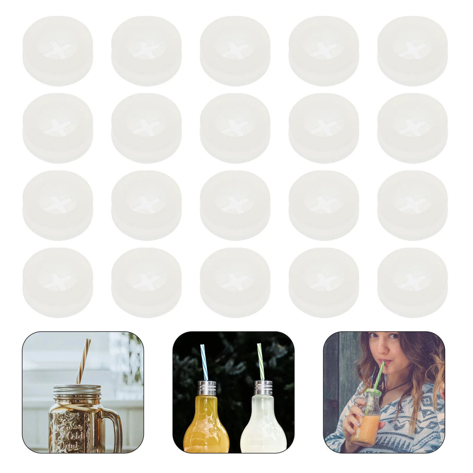 

20 Pcs Bamboo and Wood Cover Silicone Stopper Mason Jars with Lids Straw Holes Can Fixing Plug Silica Gel Plugs