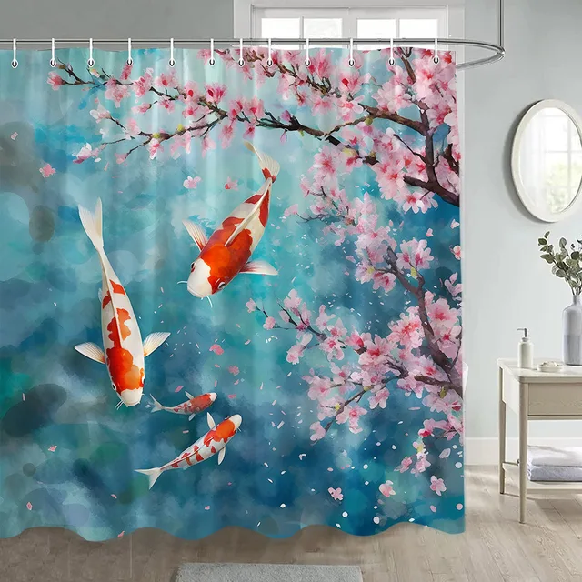 Pink Flowers Koi Shower Curtains Cherry Blossom Carp Fish Stones Japanese  Style Polyester Fabric Bathroom Decoration with Hooks - AliExpress