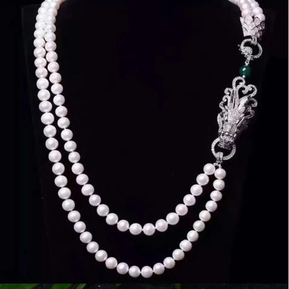 Hand knotted 2 rows necklace natural 8-9mm white freshwater pearl sweater chain nearly round pearl dragon clasp 17-19inch
