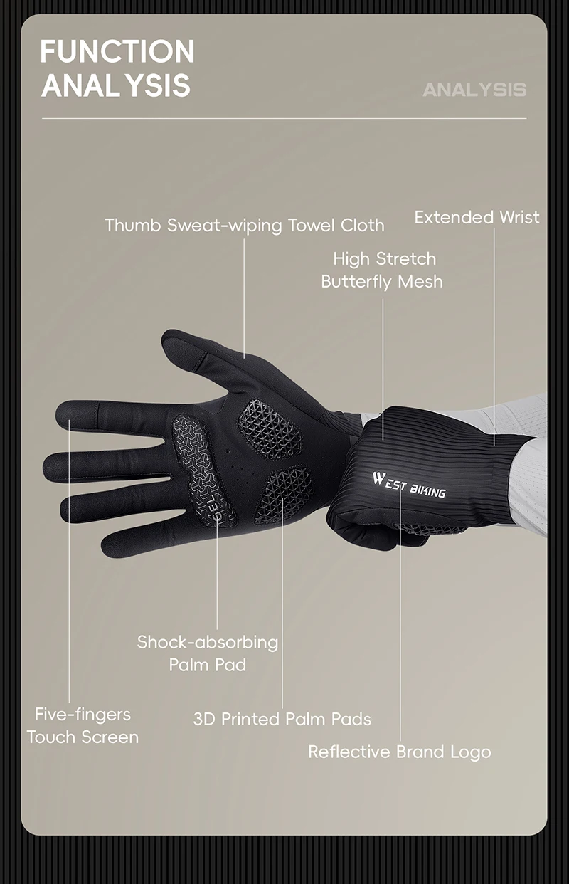 WEST BIKING Vollfinger-Fahrradhandschuhe 3D-Gedruckt Stoßdämpfende Gel-Polsterung Touchscreen-fähig Reflektierend Atmungsaktive Fahrradhandschuhe – Detail 5
