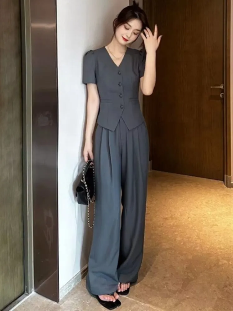 Women Short Sleeve Top Wide Leg Pants Suit Summer New Fashion