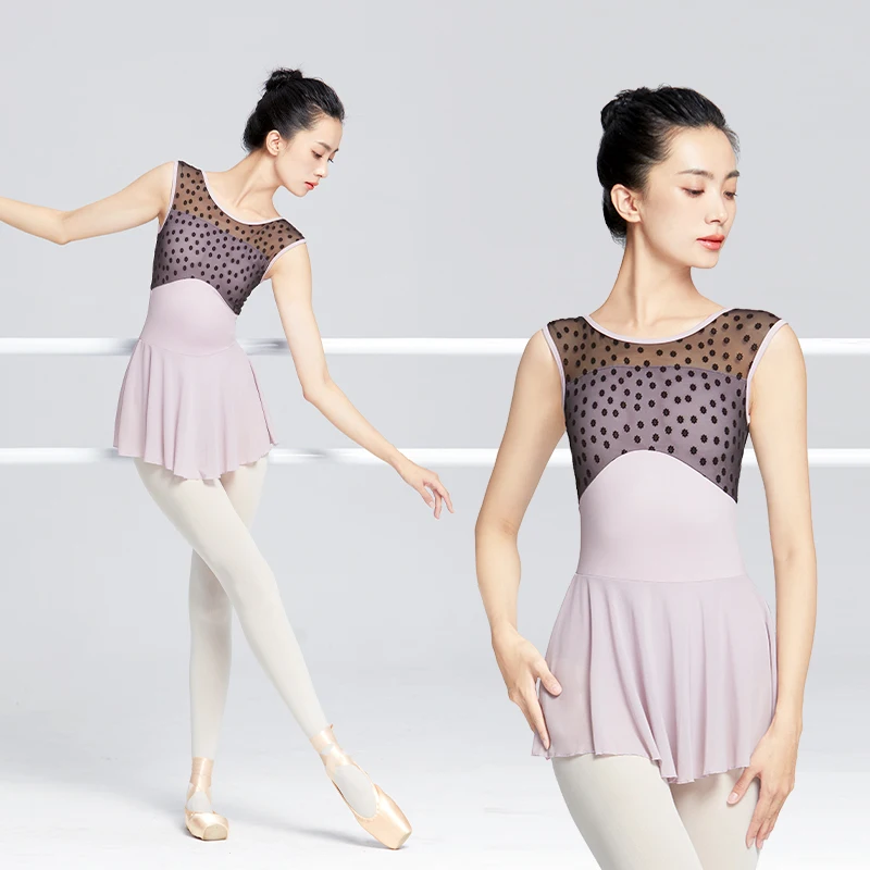 여성용 발레 레오타드, 체조 레오타드, 원피스 성인 플로킹 스플라이스 댄스 바디수트, 민소매 발레 댄스 레오타드