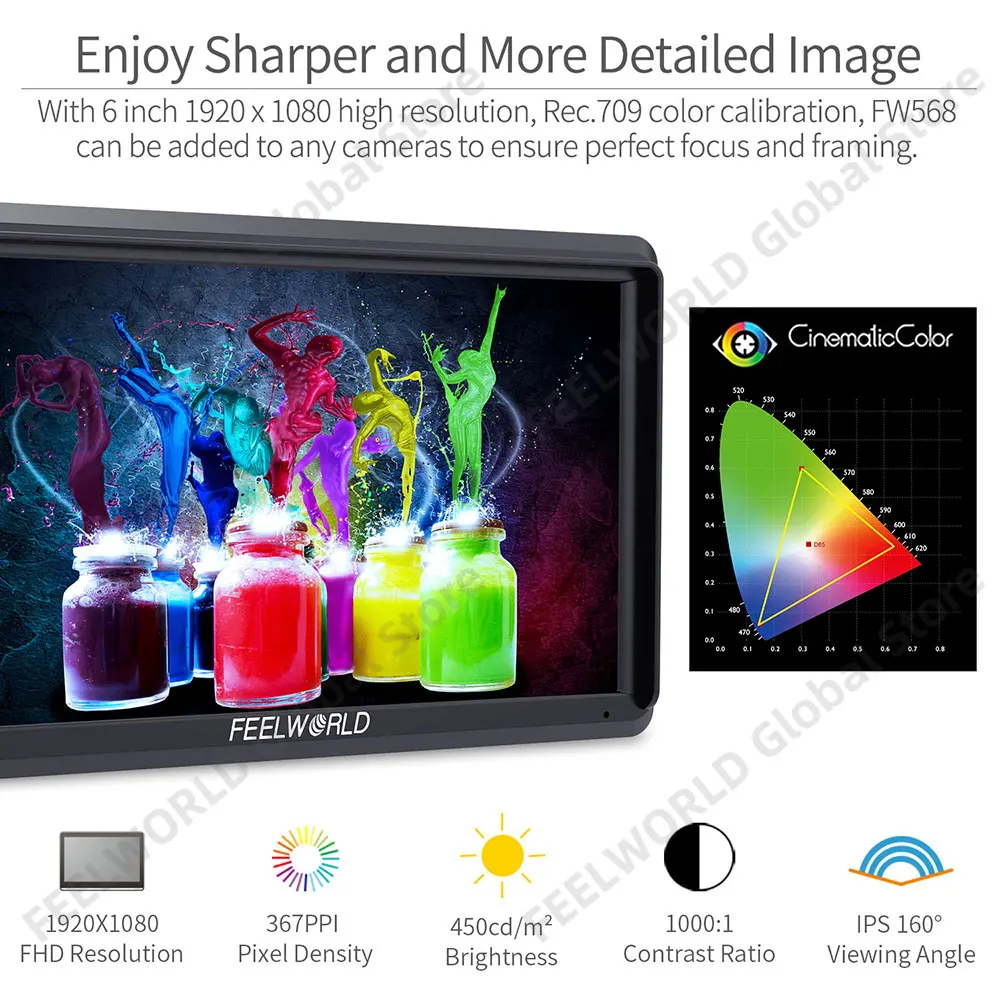 6 Inch DSLR Camera Monitor FEELWORLD FW568 V3 with Waveform LUTs Small Full HD 1920x1080 IPS 4K HDMI Type-C DC Output Tilt Arm portable monitor,dslr field monitor