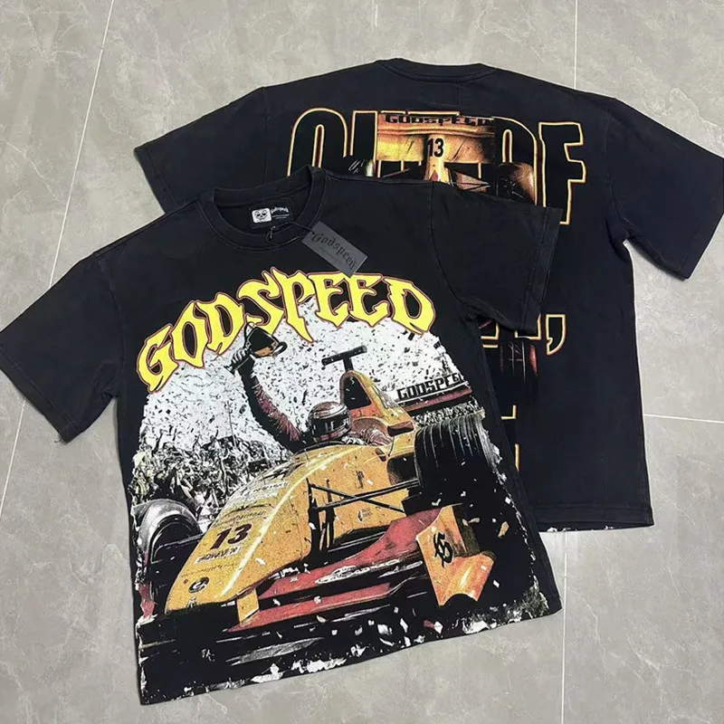 GODSPEED 아메리칸 하이 스트리트 티셔츠 약사 프린트 실제 사진 최고 품질 1:1 라운드 클래식 패션 반팔 남성 상의