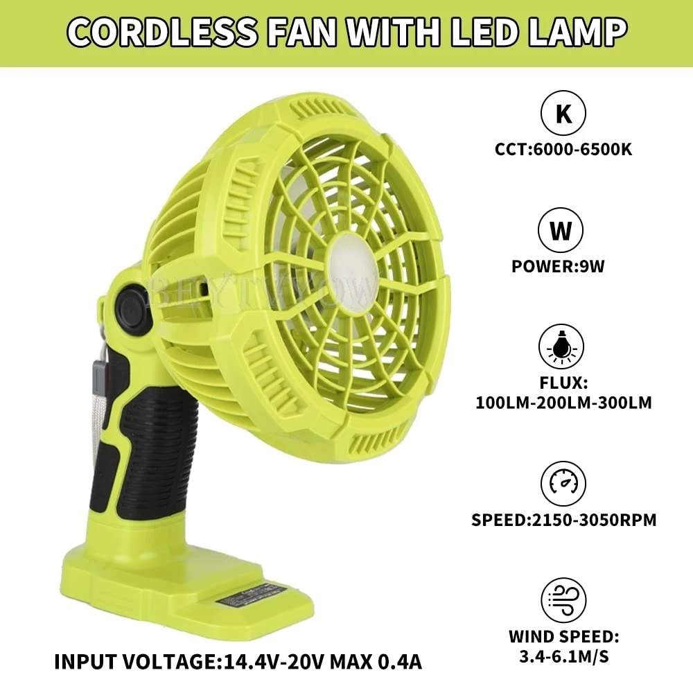 Cordless Fan Compatible with Ryobi 18v Battery with 300LM LED Light Portable Cam
