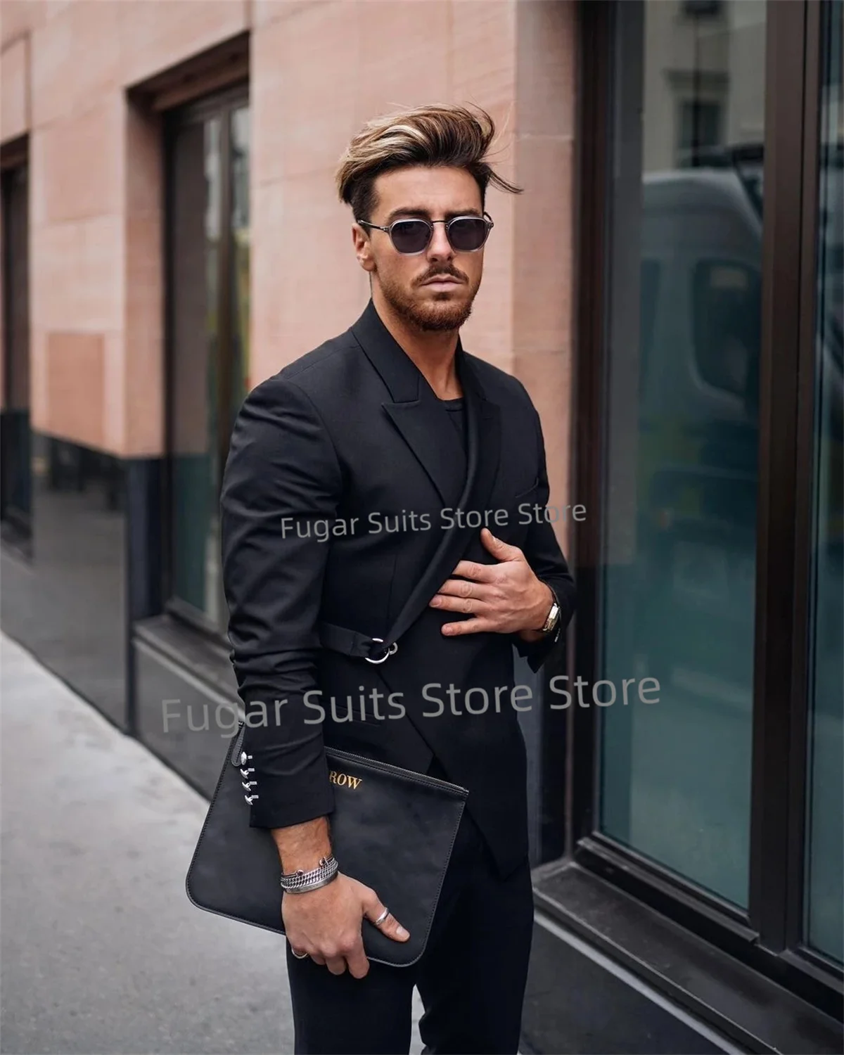 Luxuly New Streetwear Black Suits For Men Slim Fit Peak Lapel Groom Tuxedos 2 Pieces Sets Business Male Blazer Costume Homme