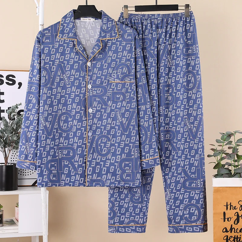 цена Spring Autumn Men's Thin Imitation Cotton Pajamas Striped Plaid Long Sleeve Cardigan Loose Comfortable Home Clothing Set