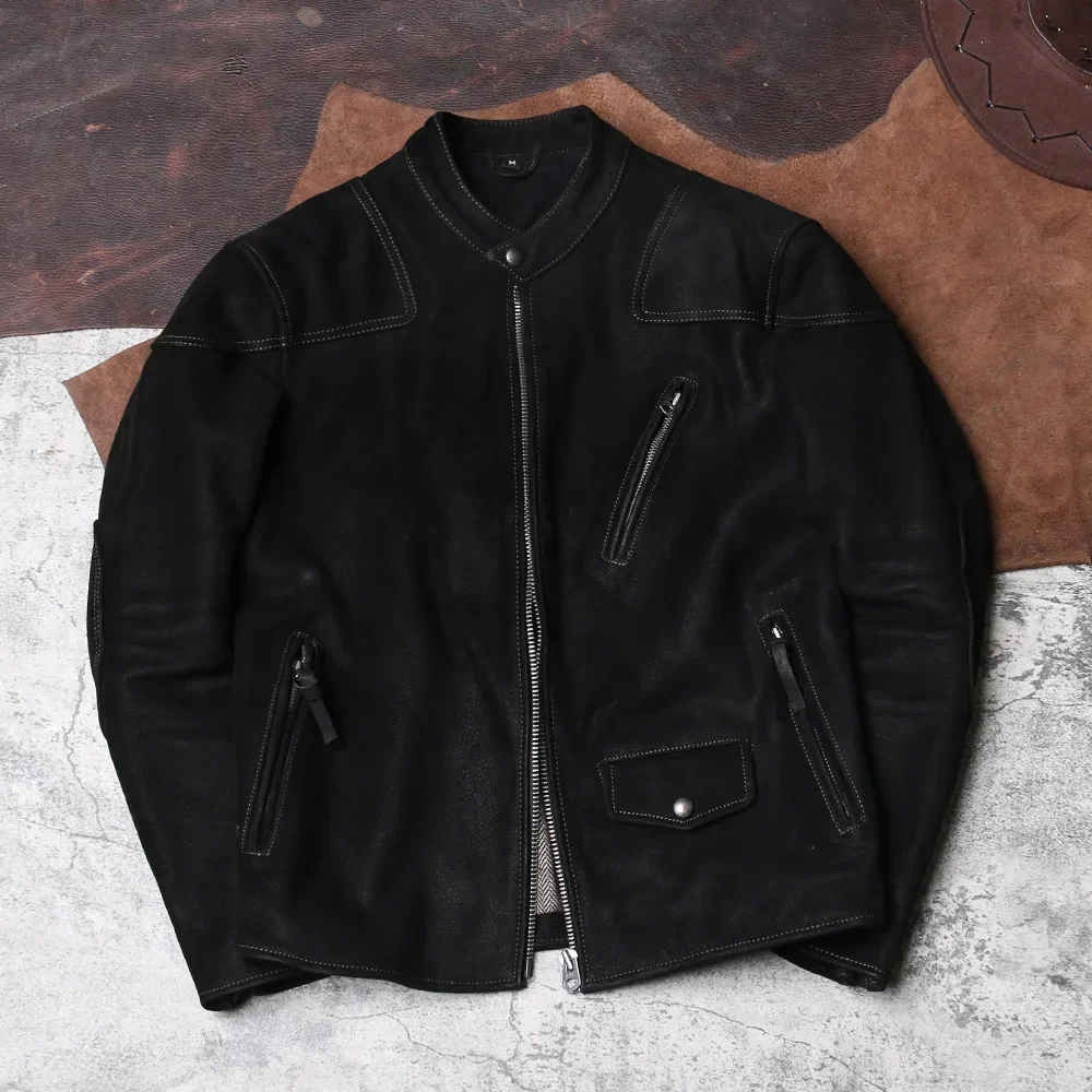 

First Layer Brushed Cowhide Jacket Leather Men's Stand Collar Cropped Slim Biker Jacket Vintage Black Venom Leather Jacket