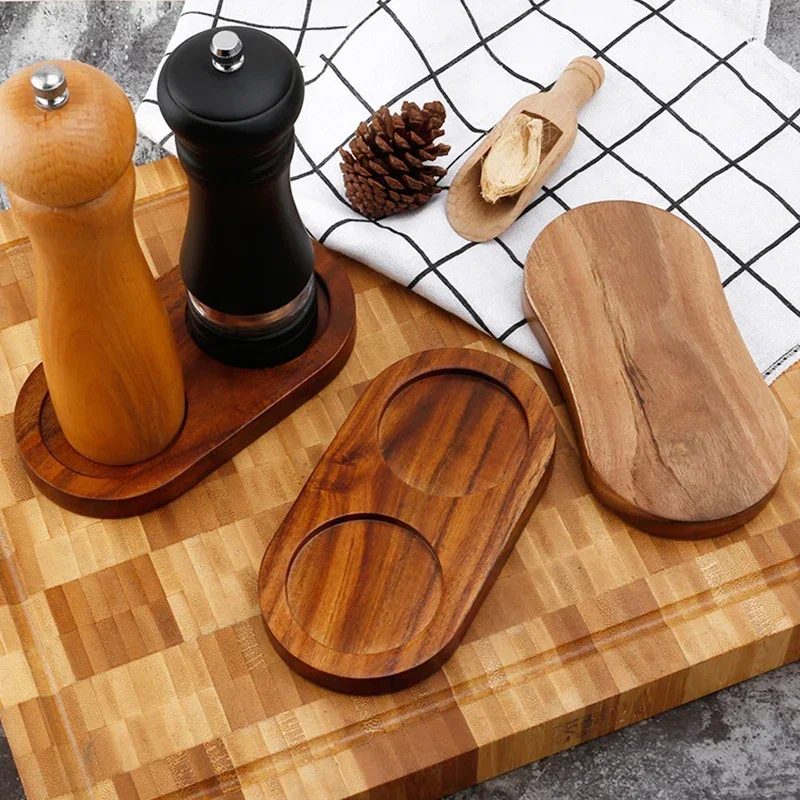 Wood Pepper Mill Tray Bamboo Salt Pepper Shaker Stand Tray Double Hole Base Tea Tray Home Decor Seasoning Bottle Storage Holder 3