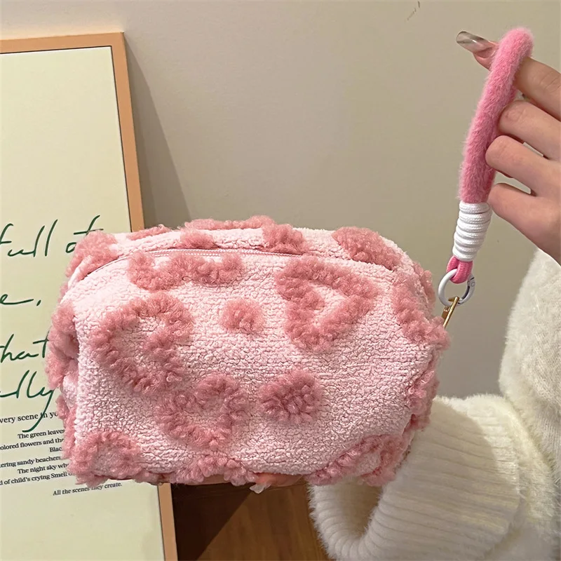 New Pink Red Color Heart Cosmetic Bags with Lanyard Girl Large Capacity Travel Organizer Cute Plush Makeup Bags for Women 3