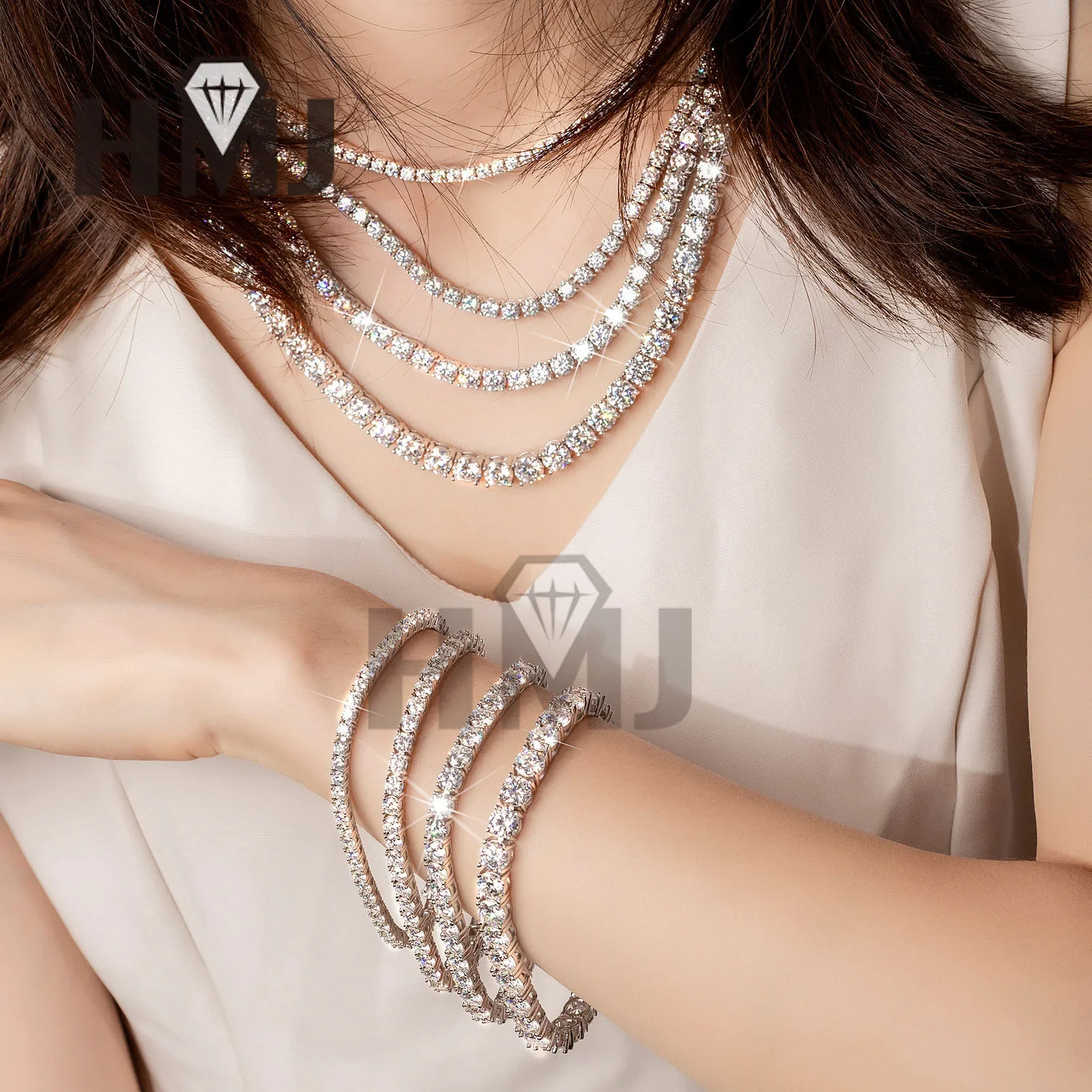 

HMJ Holycome CZ Brass Tennis Bracelet Tennis Necklace Sterling Silver Hip Hop Jewelry