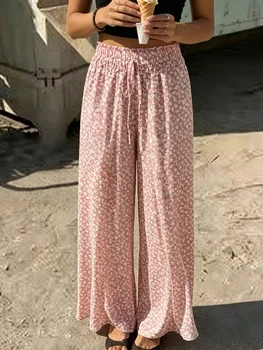 Women's Blush Pink Ditsy Floral Wide Leg Palazzo Pants, Ruffle Elastic High Waist Flowey Loose Summer Beach Casual Trousers