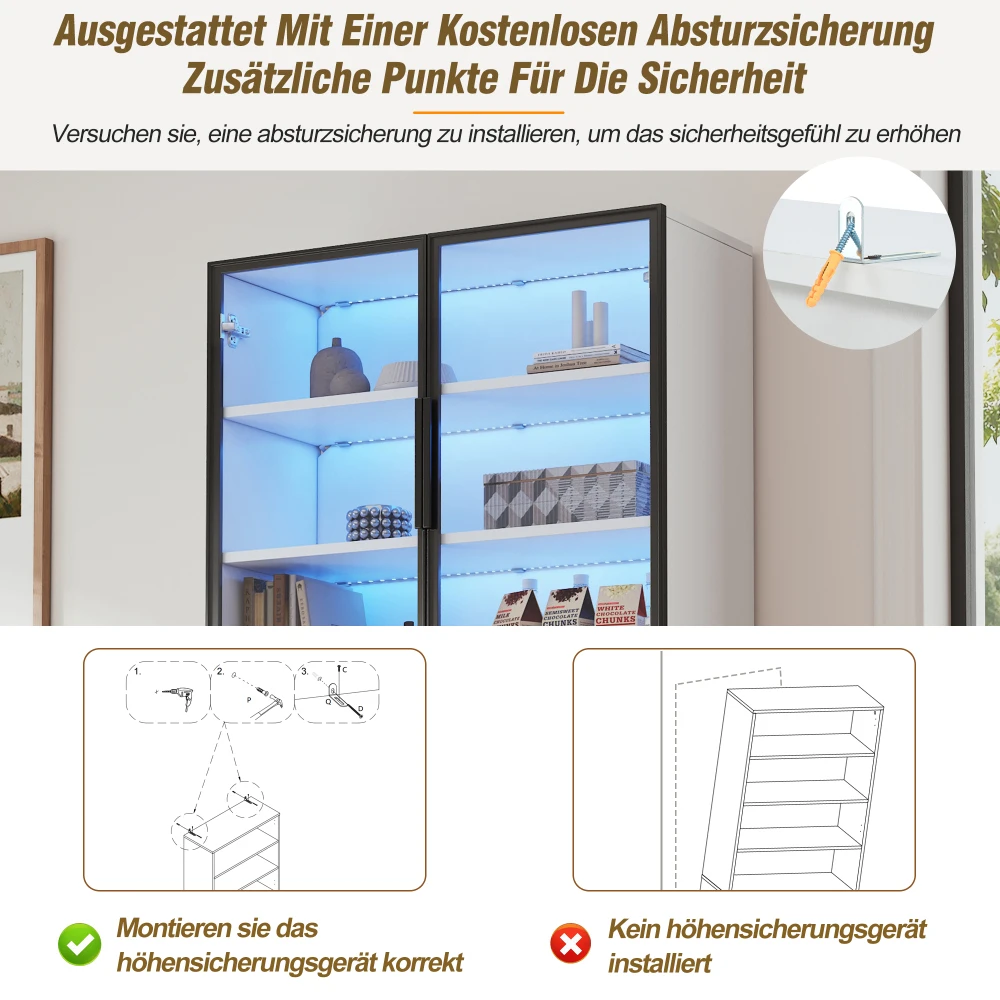 70*30*200cm Vitrine, Vitrine mit Schubladen und Schränken, mit Glastüren und LED, und offenem Stauraum, Bücherregal – Detail 13