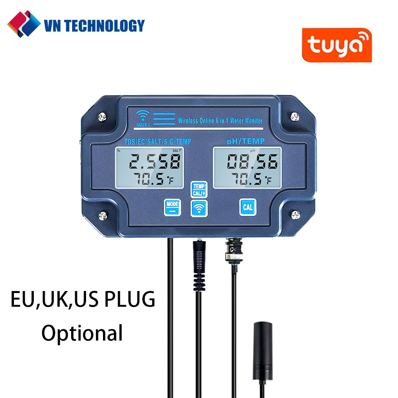 VNTECH 6in1 Smart Water Quality Tester, 24 Hrs Tuya App Monitoring of pH EC TDS Salinity SG Temperature, for Aquariums,Lab,Etc