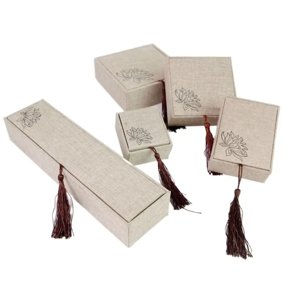 Rectangular Linen Tassel Jewelry Box Chinese Style Embroidered Fabric Necklace Storage Box Calligraphy Lotus 6
