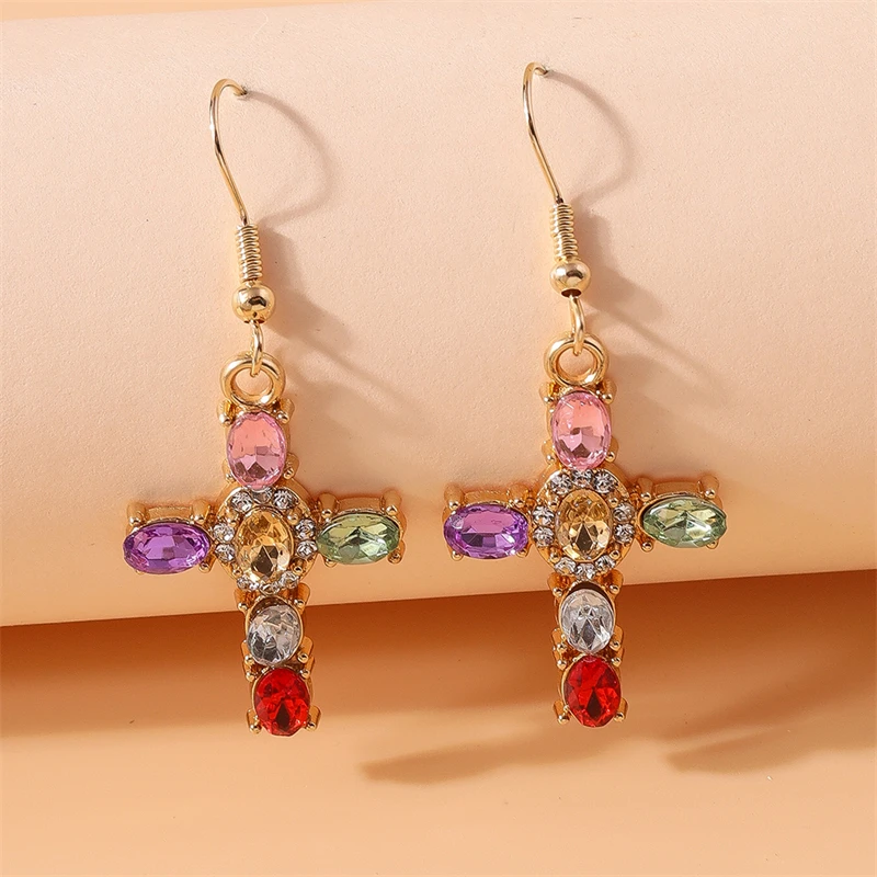 Mode bunte Kristall Kreuz Tropfen Ohrringe für Frauen Mädchen Party Festival Schmuck Geschenke
