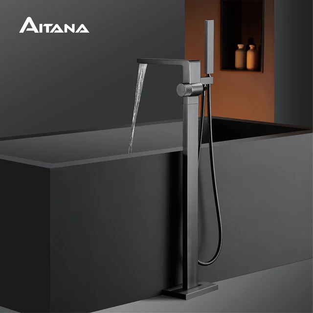 มือจับเดี่ยวทำจากทองเหลืองสีดำก๊อกน้ำในห้องน้ำแบบตั้งพื้นดีไซน์แบบฝังทั้งน้ำเย็นและร้อนดีไซน์แบบเรียบง่ายหรูหรา 3