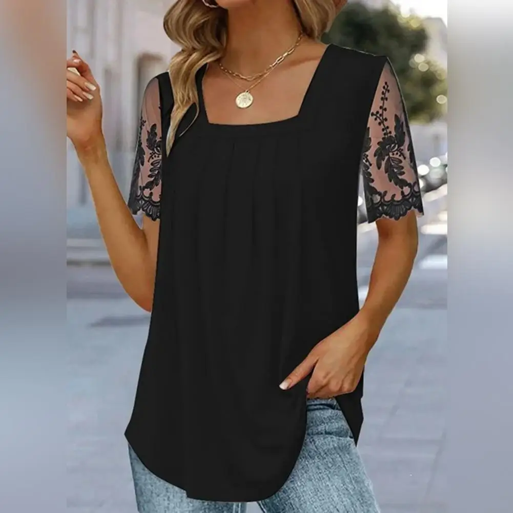 

Модные женские летние однотонные футболки, дизайнерские кружевные свободные пуловеры с квадратным вырезом и коротким рукавом