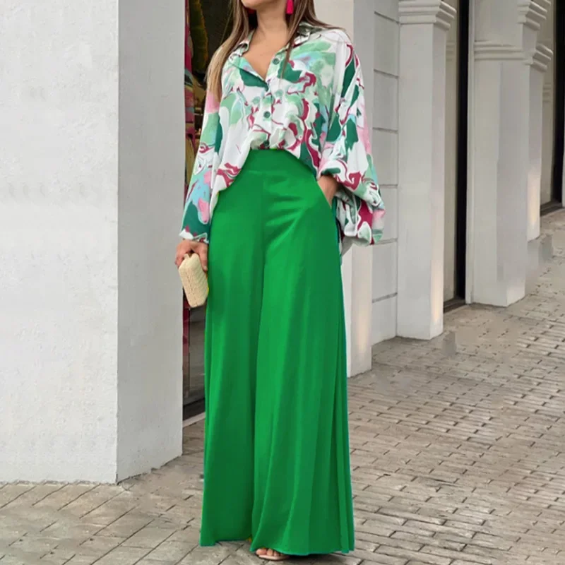 

Women Print Wide Leg Pants 2 Piece Set Casual Loose Lantern Sleeve Shirts Pants Suit Korean Fashion Ladies Elegant Blouse Suits