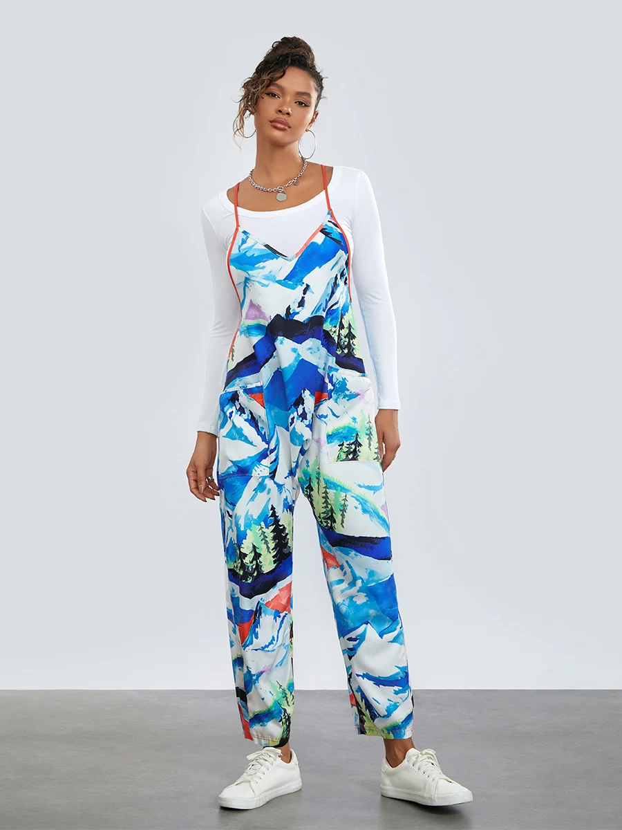 

Women Casual Sleeveless Printed Jumpsuit Spaghetti Strap Harem Leg Jumpsuit Hot Shot Pants Loose Overall