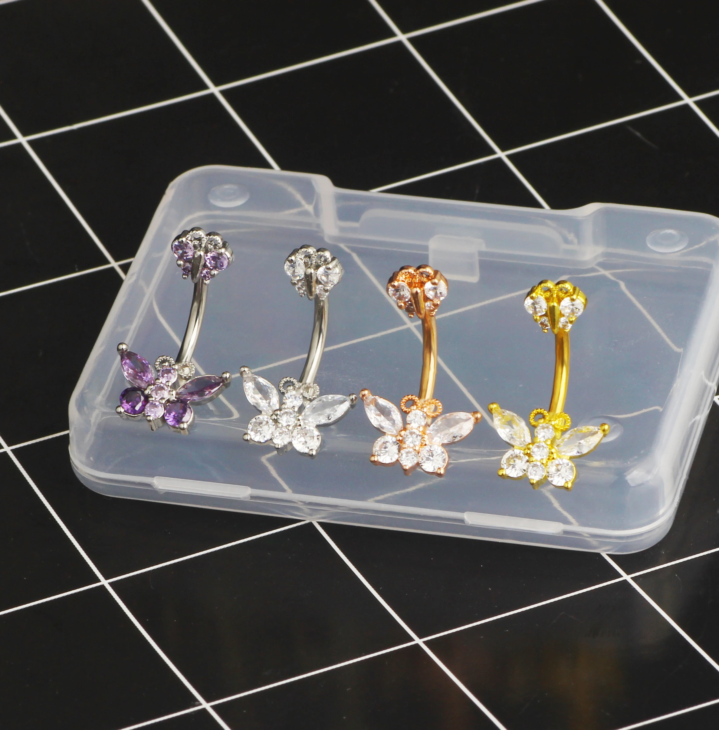 Surgical Steel Crystal Zircon Flower butterfly Purpel Clear Pendant Belly Button Piercing Ring Belly Button Ring Body Jewelry wh