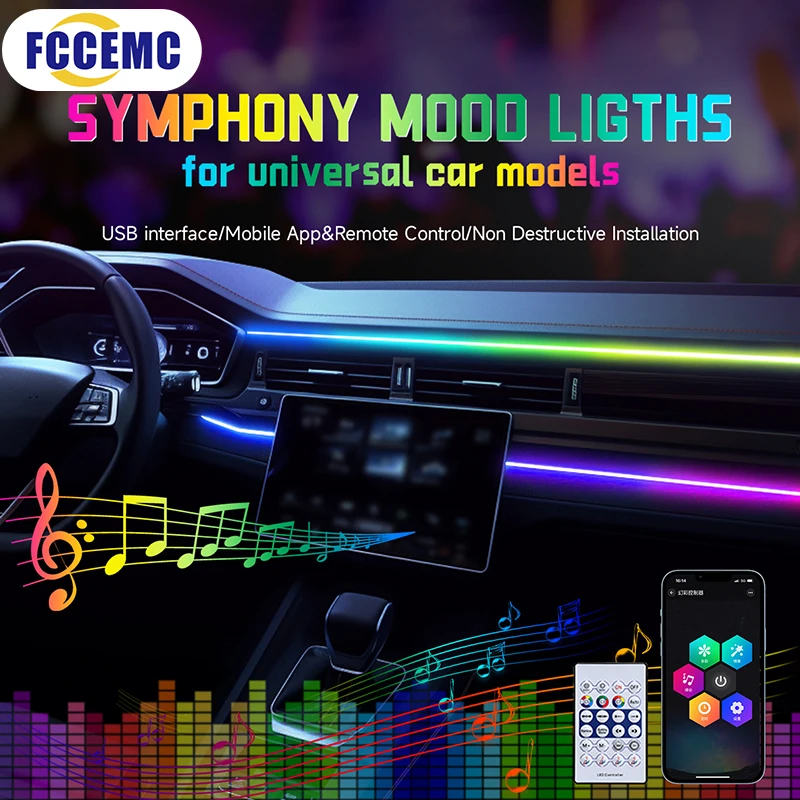Car Interior Ambient Light RGB USB Car Interior Ambient Light Rainbow Acrylic Strip LED Symphony APP Music Control Decorative Dashboard Atmosphere Lamp