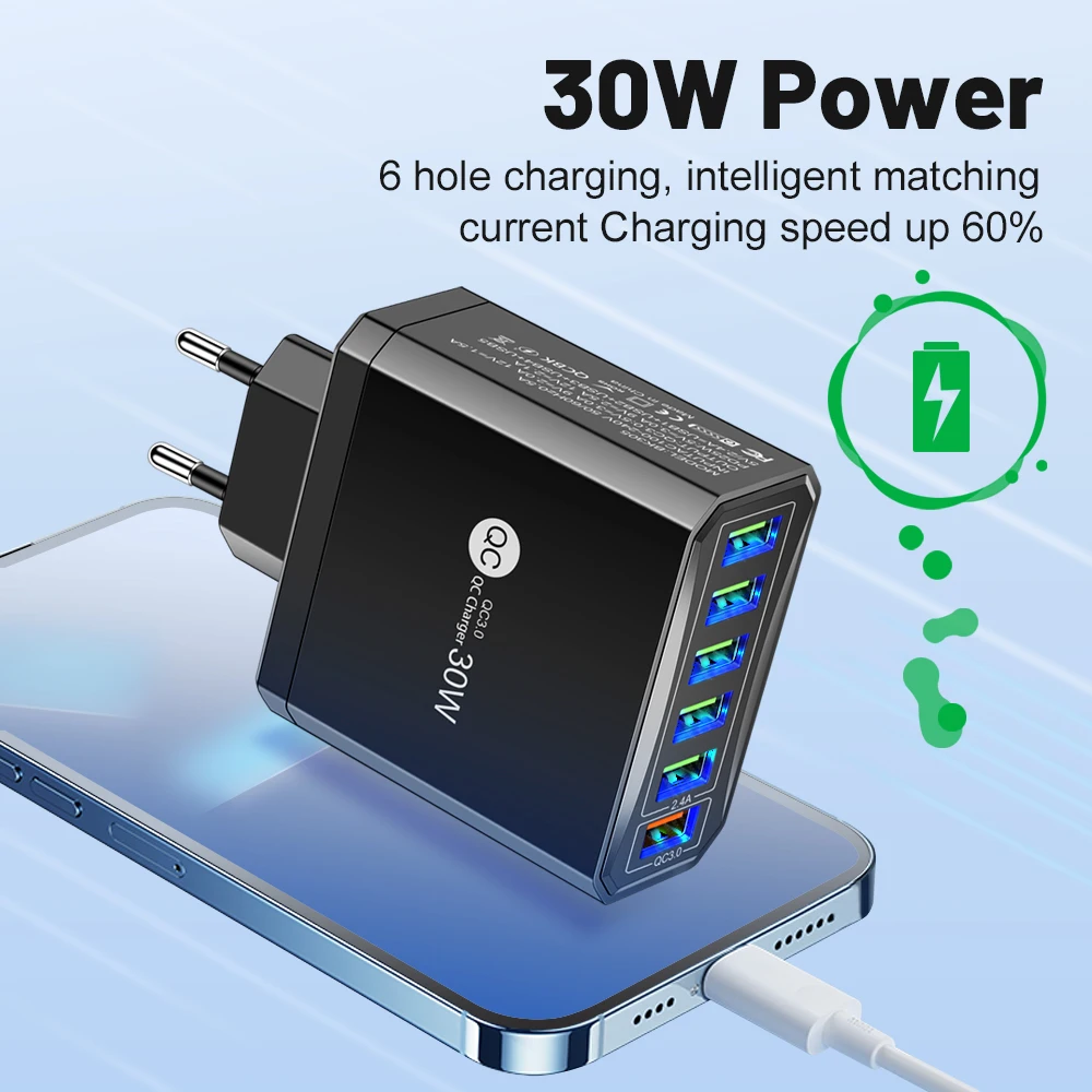 6Port USB Wall Charger EU/US/UK/KR Plug 30W Fast Charging Quick Charge QC3.0 For iPhone Samsung Xiaomi Oppo Mobile Phone Adapter