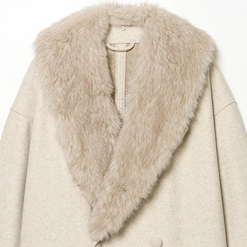 Women Woolen Jacket 2025 Autumn Winter Fur Collar Long Sleeve Women's Coat Belt Loose Female Casual Outerwear Retro Lady Tops